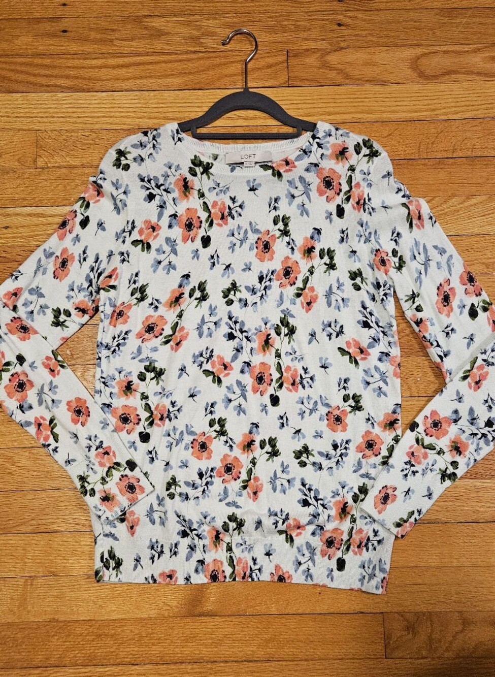 LOFT White Floral Crewneck Sweater with Coral & Blue Blooms